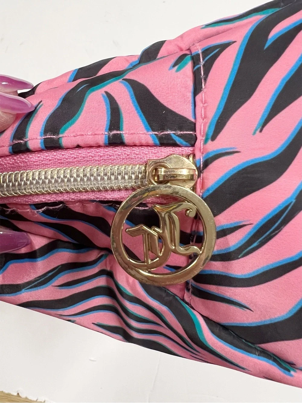 Juicy Couture Womens Puffy Pink Zebra Print Cosmetic Pouch Bag with Gold Logo